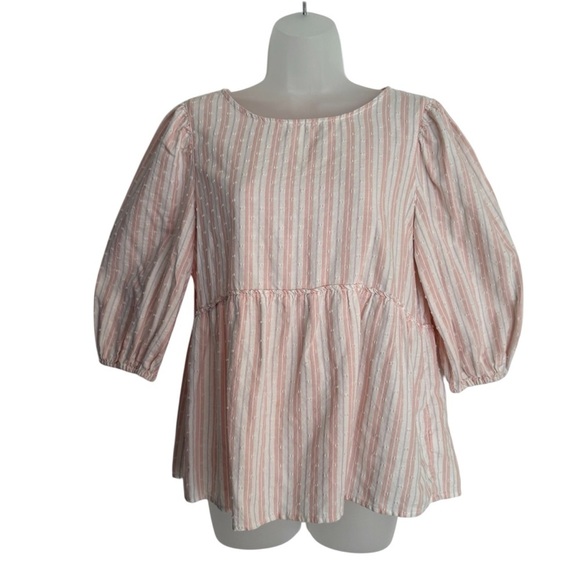 Time and Tru Tops - Time and Tru Pink and White Striped Peplum Blouse Size Medium 8/10
